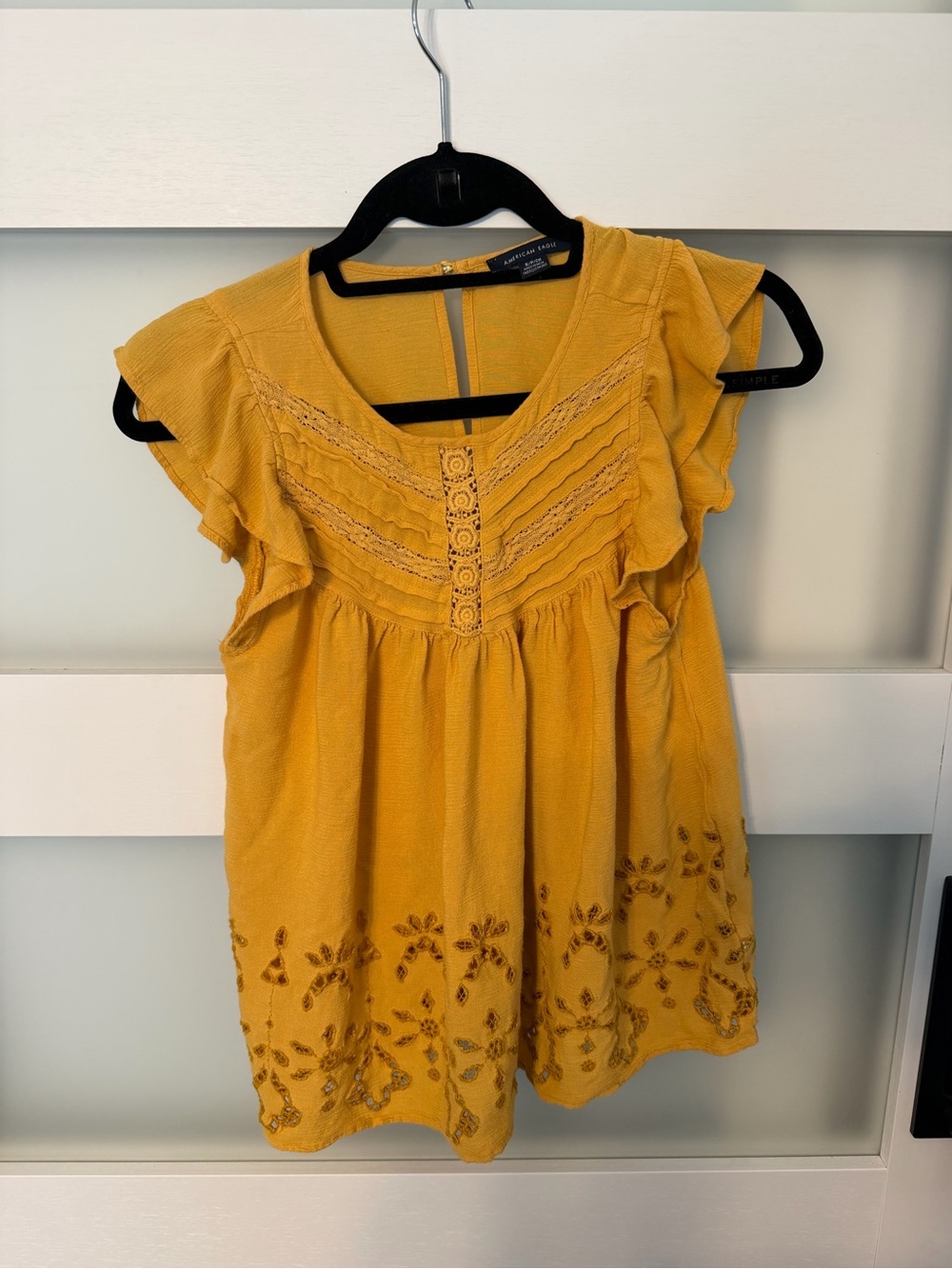 American Eagle Outfitters Mustard Yellow Embroidered Ruffle Top